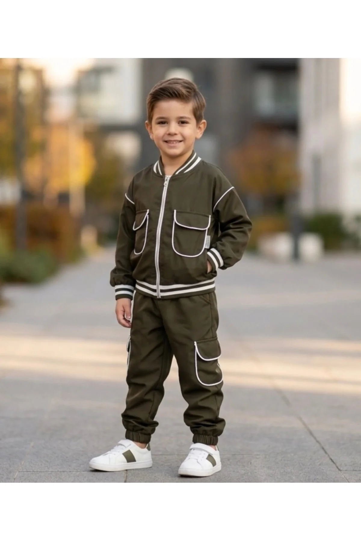 Erkek Çocuk Haki Şık 3´lü Takım | Bomber Ceket+ Baskılı Uzun Kollu Tshirt+ Jogger Pantolon