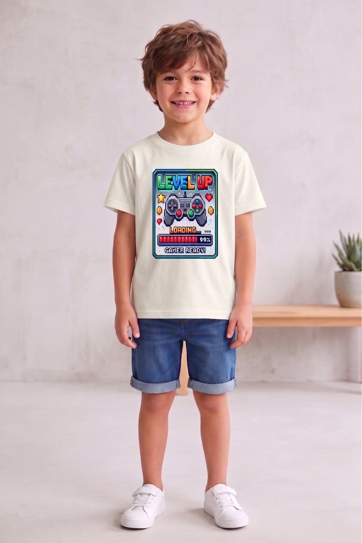 Erkek Çocuk Siyah Oyun Baskılı Tişört - Level Up Temalı T-Shirt