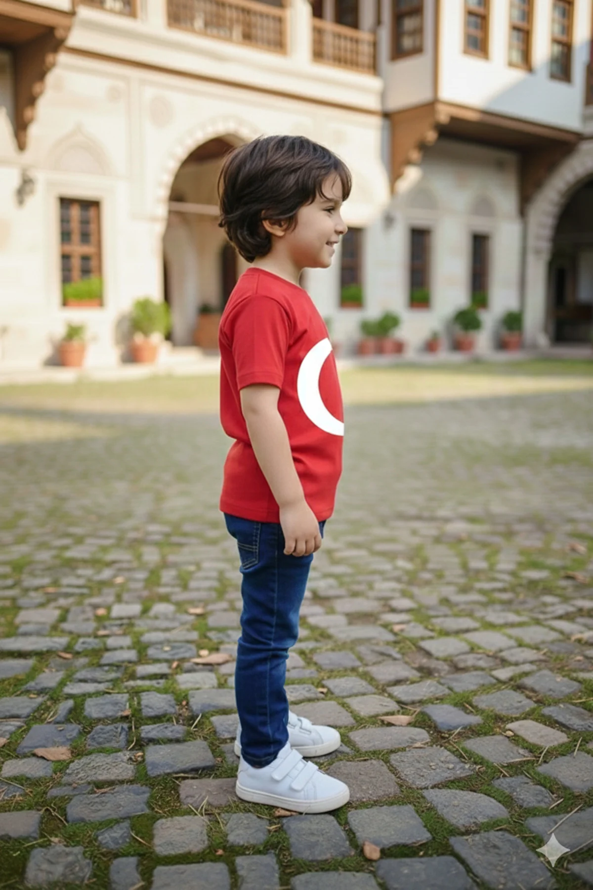 Erkek Çocuk Unisex Tişört Kırmızı Ay Yıldız Baskılı Tişört Kısa Kollu Rahat Günlük Şık Tişört