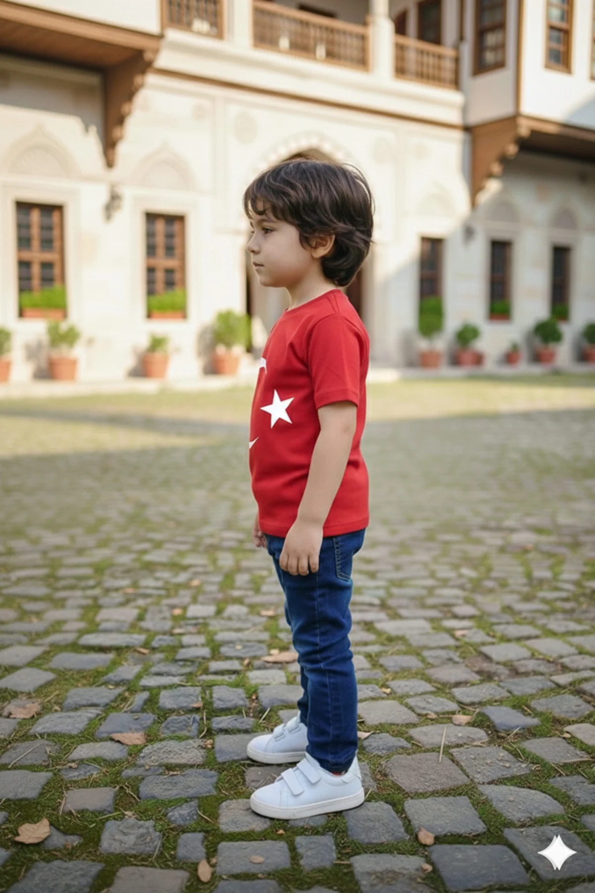Erkek Çocuk Unisex Tişört Kırmızı Ay Yıldız Baskılı Tişört Kısa Kollu Rahat Günlük Şık Tişört