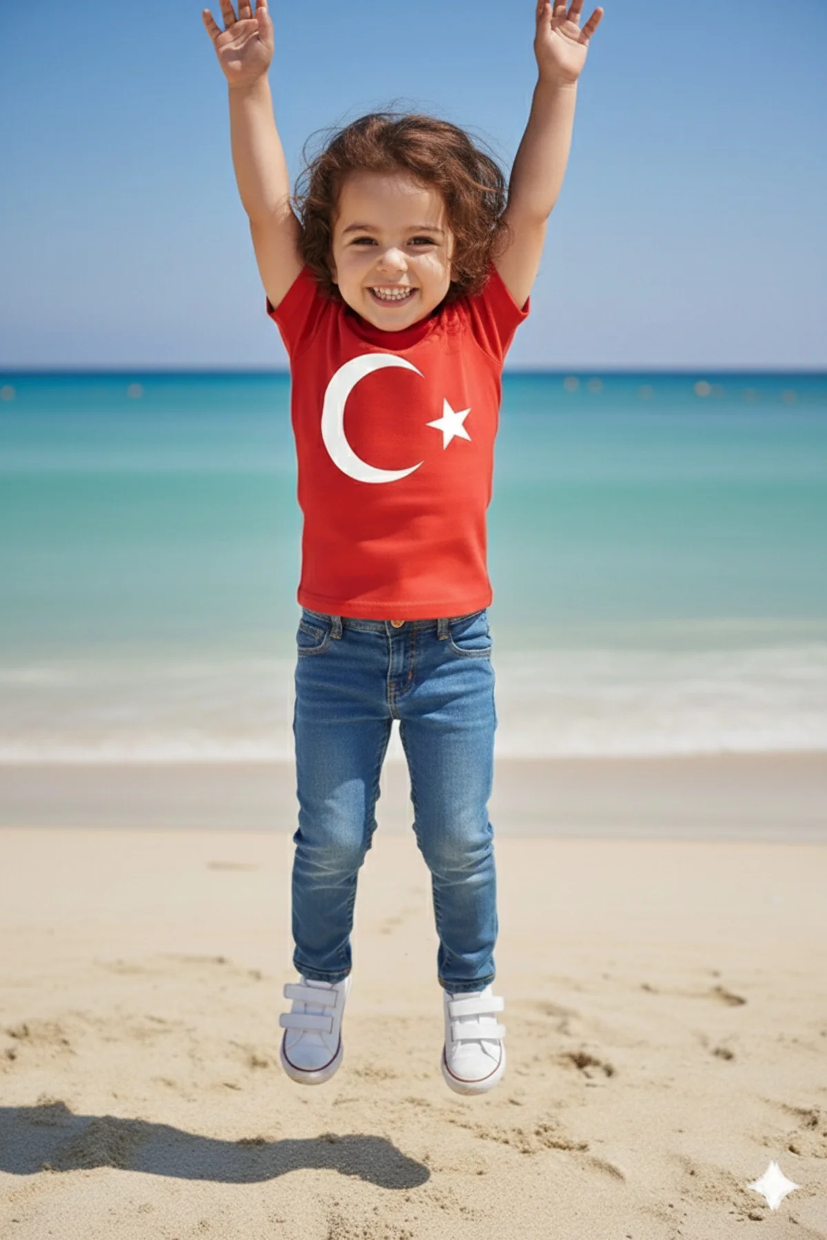 Erkek Çocuk Unisex Tişört Kırmızı Ay Yıldız Baskılı Tişört Kısa Kollu Rahat Günlük Şık Tişört