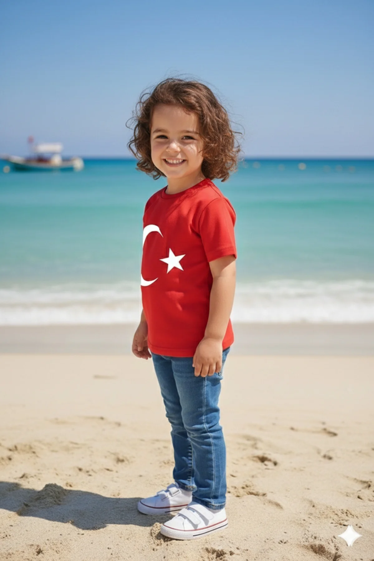 Erkek Çocuk Unisex Tişört Kırmızı Ay Yıldız Baskılı Tişört Kısa Kollu Rahat Günlük Şık Tişört