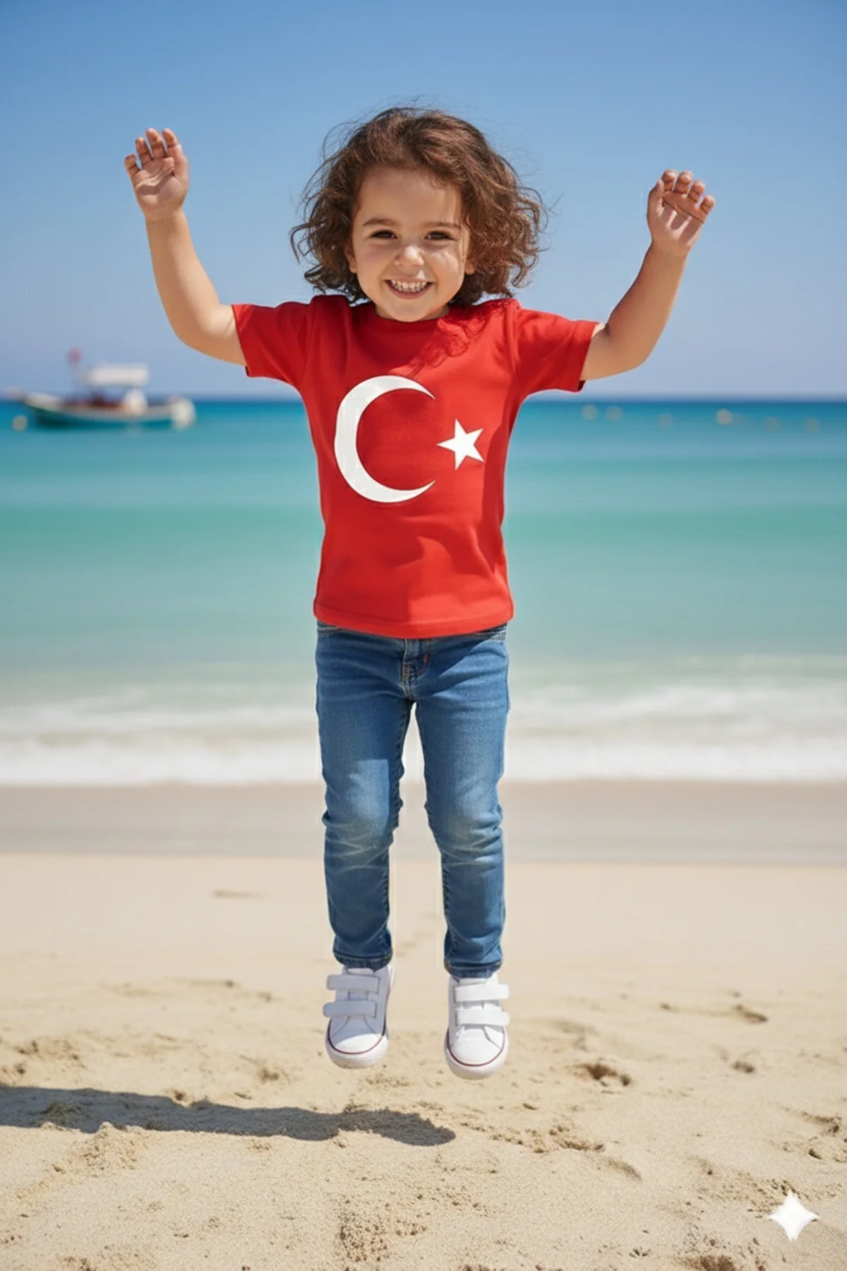 Erkek Çocuk Unisex Tişört Kırmızı Ay Yıldız Baskılı Tişört Kısa Kollu Rahat Günlük Şık Tişört