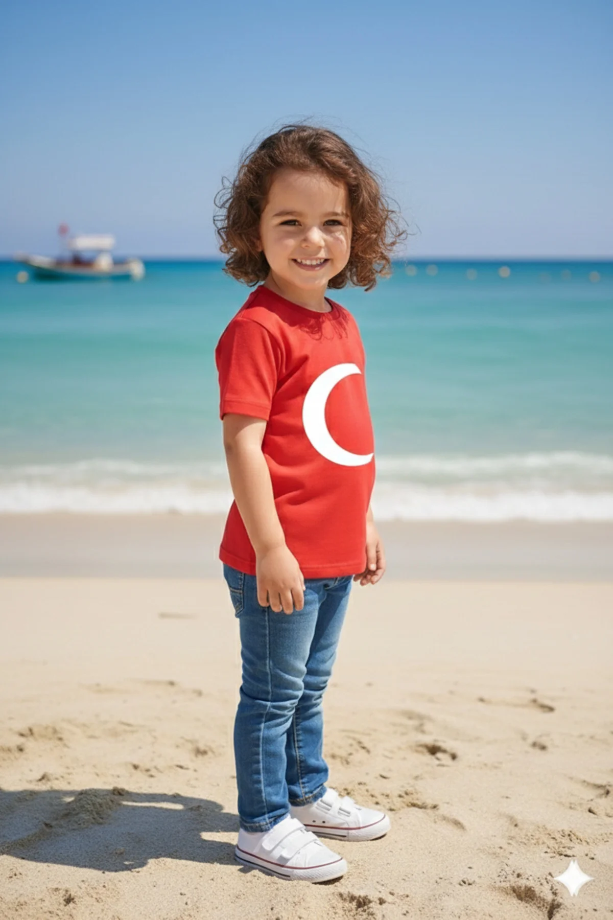 Erkek Çocuk Unisex Tişört Kırmızı Ay Yıldız Baskılı Tişört Kısa Kollu Rahat Günlük Şık Tişört