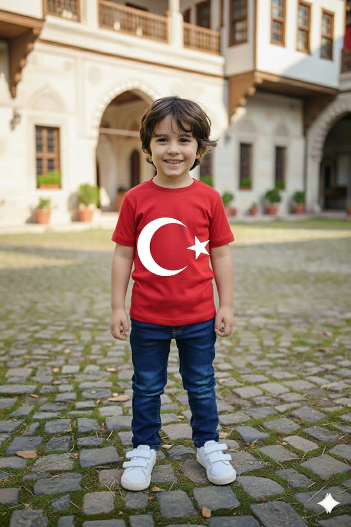 Erkek Çocuk Unisex Tişört Kırmızı Ay Yıldız Baskılı Tişört Kısa Kollu Rahat Günlük Şık Tişört