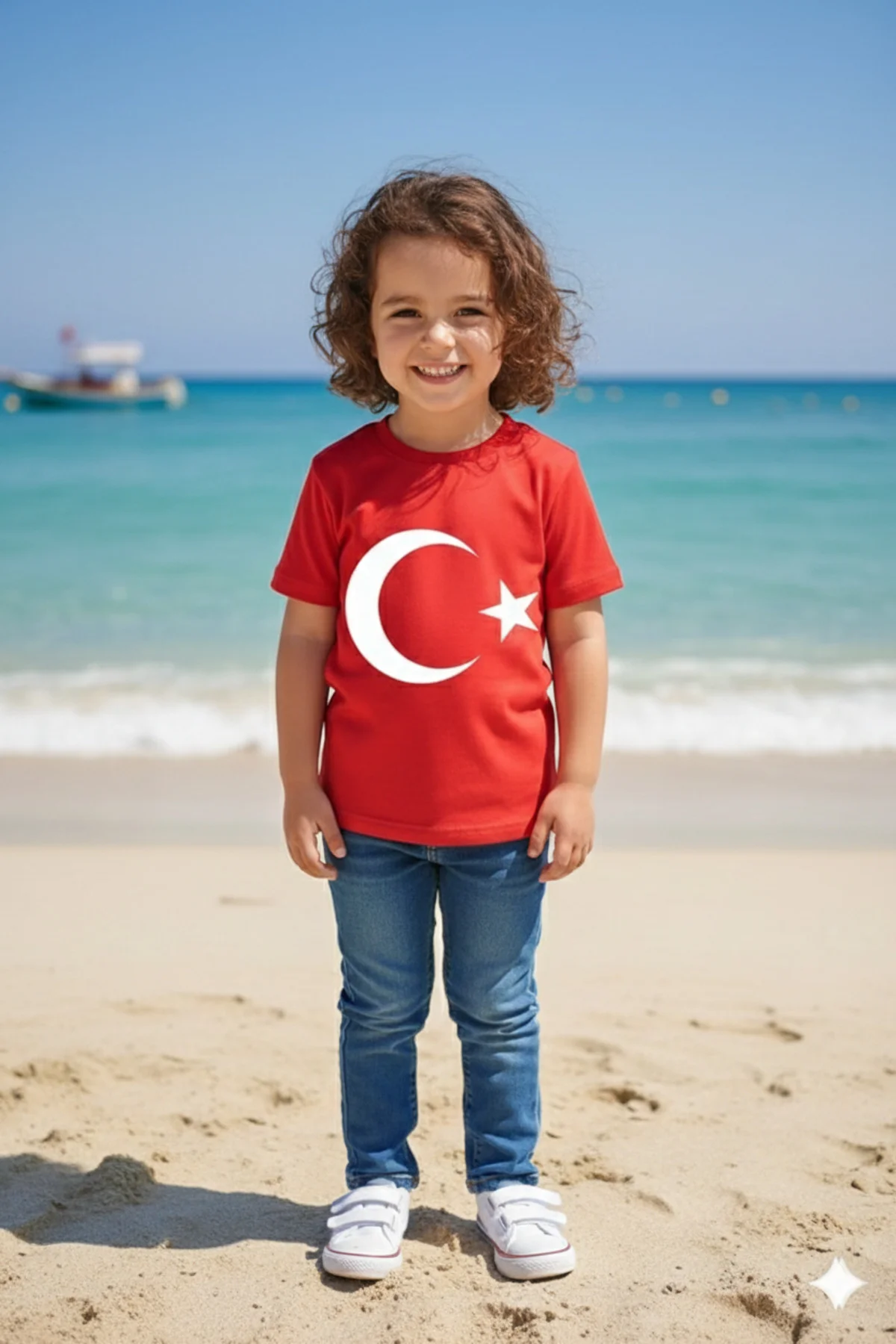 Erkek Çocuk Unisex Tişört Kırmızı Ay Yıldız Baskılı Tişört Kısa Kollu Rahat Günlük Şık Tişört
