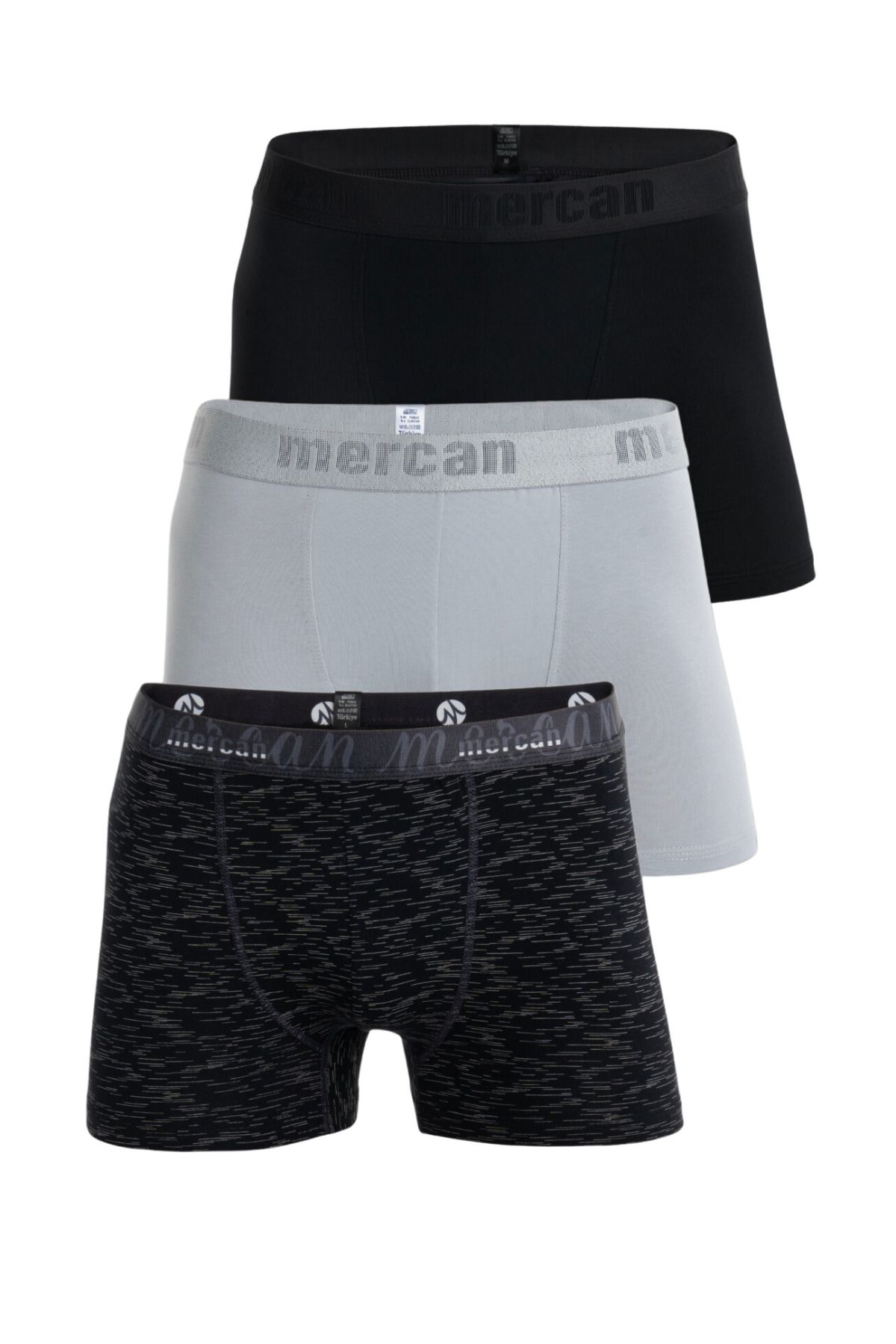Mercan Erkek Çok Renkli 3'Lü Likralı Pamuklu Boxer (Siyah Gri Uzay)