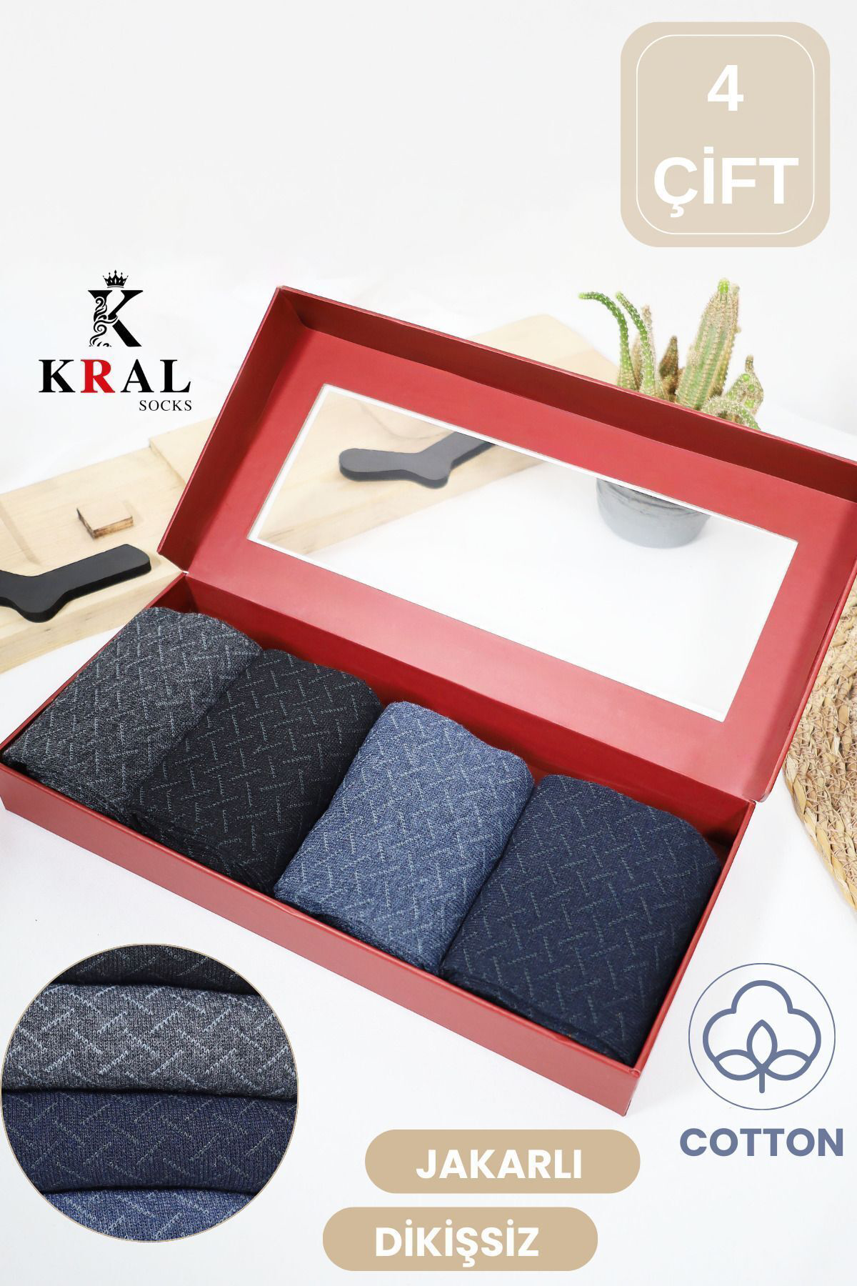 Kral Socks Erkek Çorap Cotton Dikişsiz Jakarli 4 Çift Kutulu Mevsimlik Uzun 