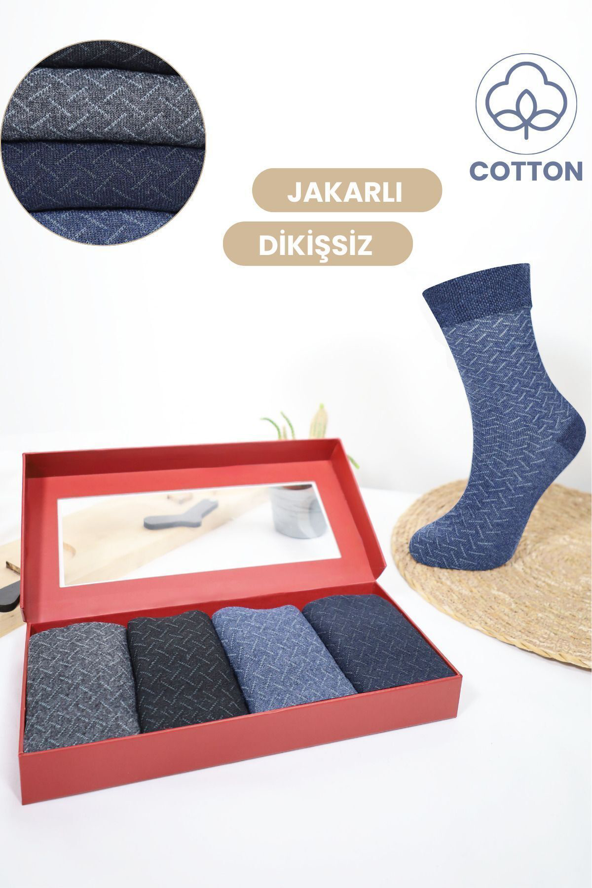 Kral Socks Erkek Çorap Cotton Dikişsiz Jakarli 4 Çift Kutulu Mevsimlik Uzun 