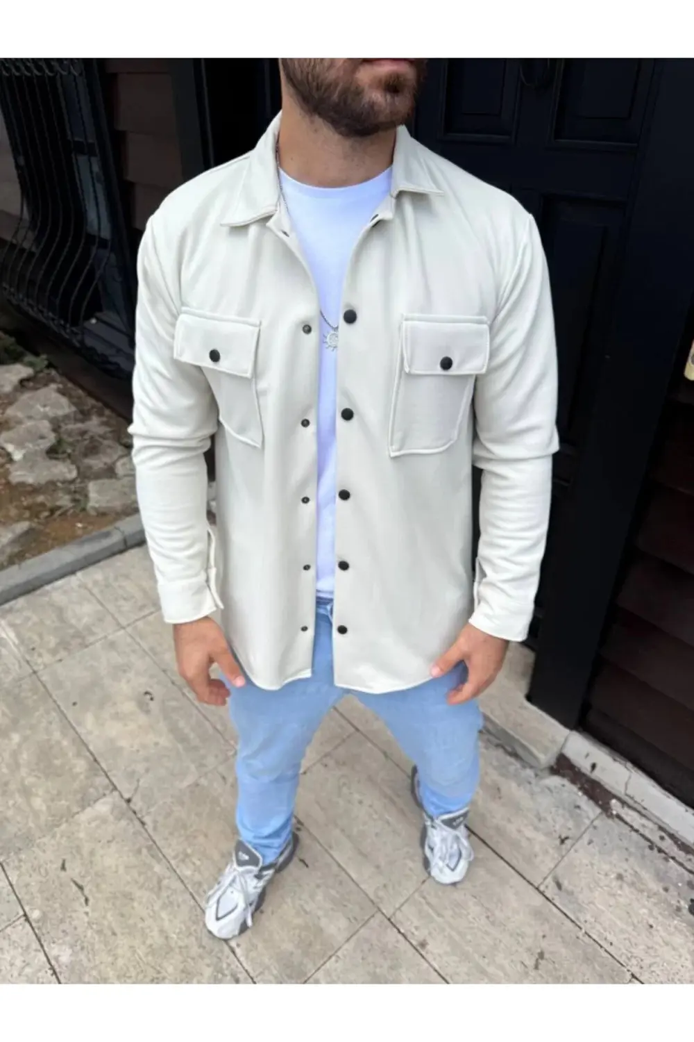 Erkek Diagonal Kumaş Cepli Çıtçıtlı Uzun Kollu, Gömlek Oversize R