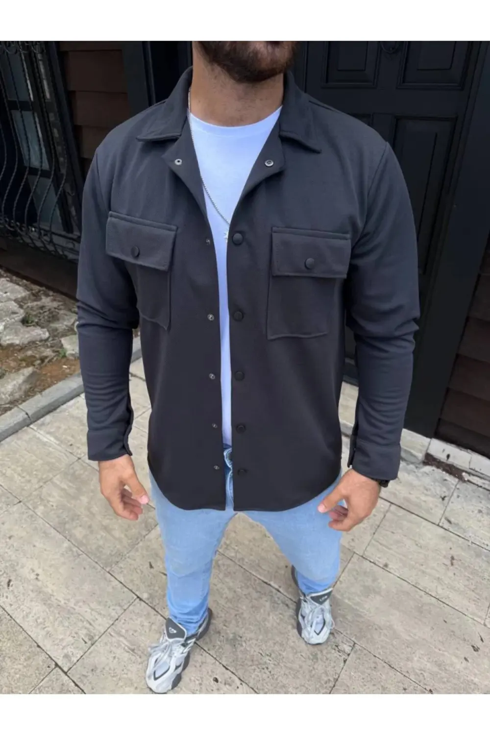 Erkek Diagonal Kumaş Cepli Çıtçıtlı Uzun Kollu, Gömlek Oversize R