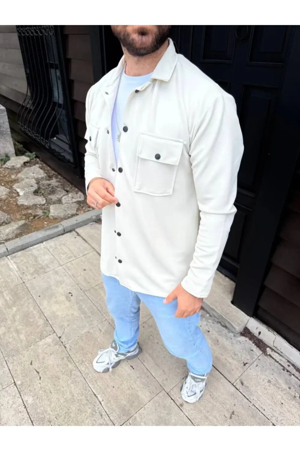 Erkek Diagonal Kumaş Cepli Çıtçıtlı Uzun Kollu, Gömlek Oversize R