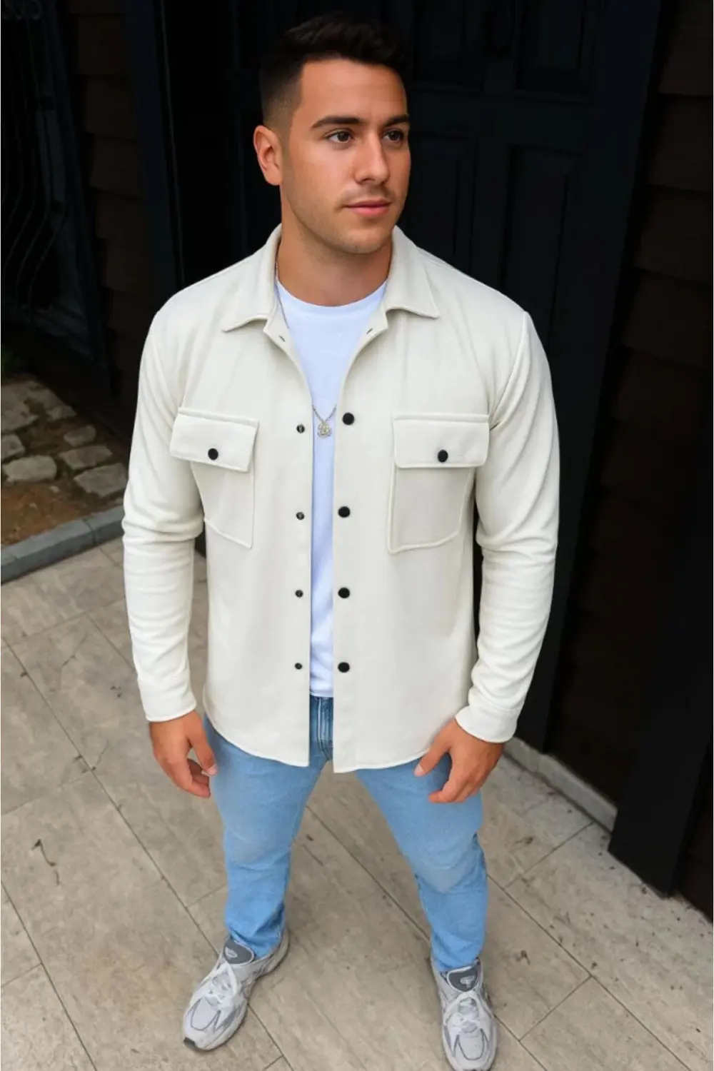 Erkek Diagonal Kumaş Cepli Çıtçıtlı Uzun Kollu, Gömlek Oversize R