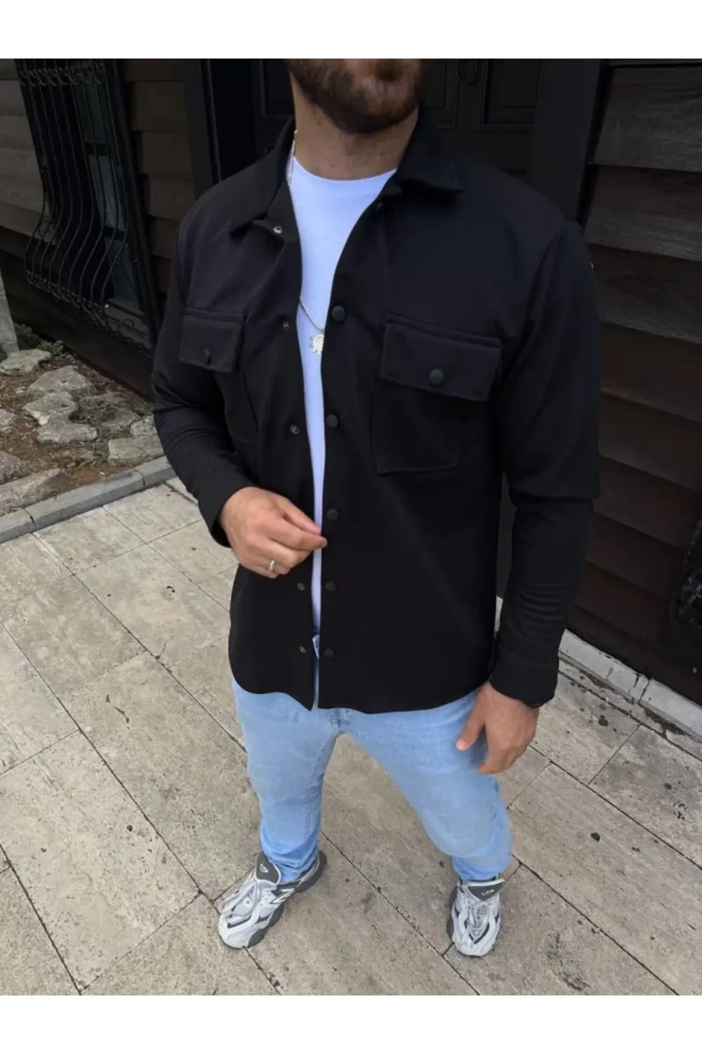 Erkek Diagonal Kumaş Cepli Çıtçıtlı Uzun Kollu, Gömlek Oversize R