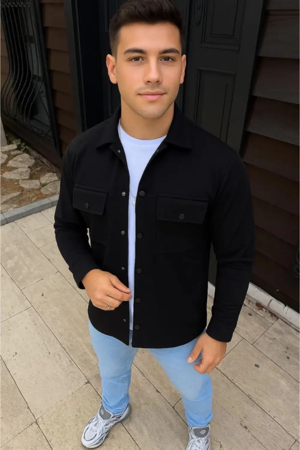 Erkek Diagonal Kumaş Cepli Çıtçıtlı Uzun Kollu, Gömlek Oversize R