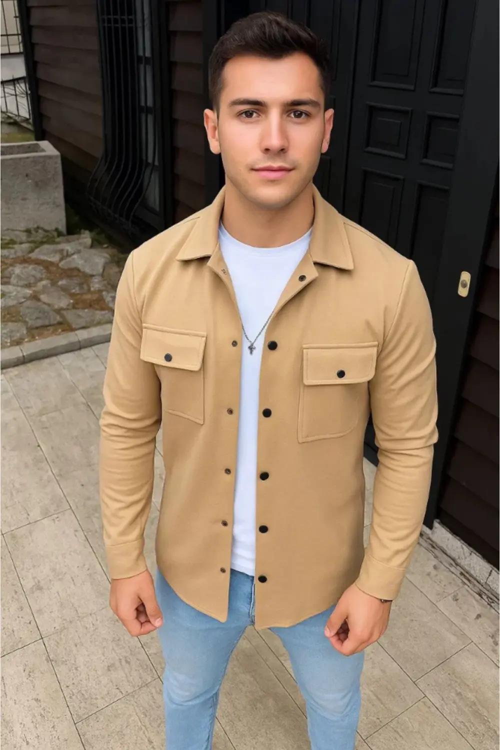 Erkek Diagonal Kumaş Cepli Çıtçıtlı Uzun Kollu, Gömlek Oversize R