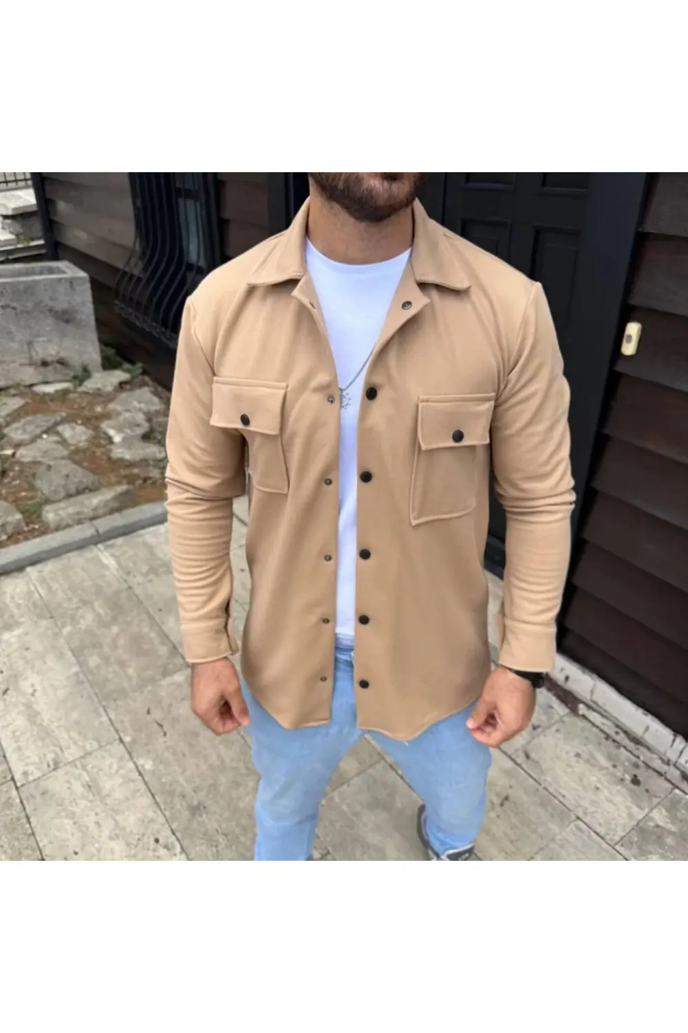 Erkek Diagonal Kumaş Cepli Çıtçıtlı Uzun Kollu, Gömlek Oversize R