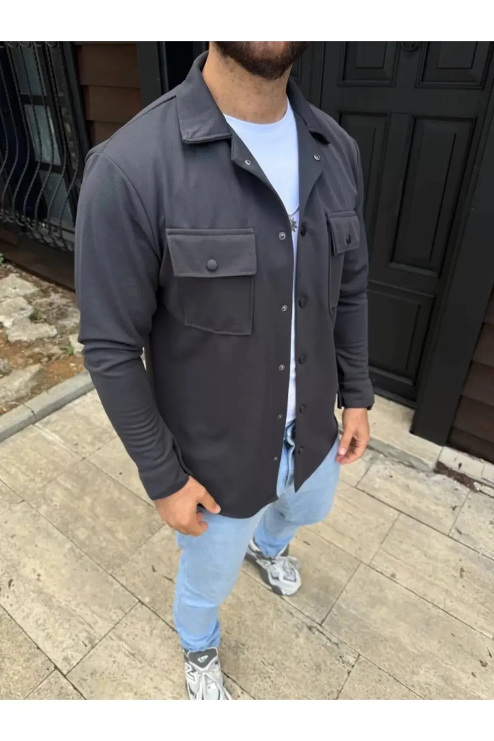 Erkek Diagonal Kumaş Cepli Çıtçıtlı Uzun Kollu, Gömlek Oversize R