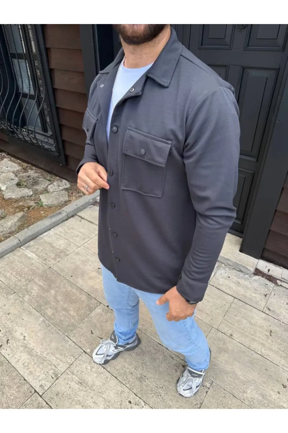 Erkek Diagonal Kumaş Cepli Çıtçıtlı Uzun Kollu, Gömlek Oversize R