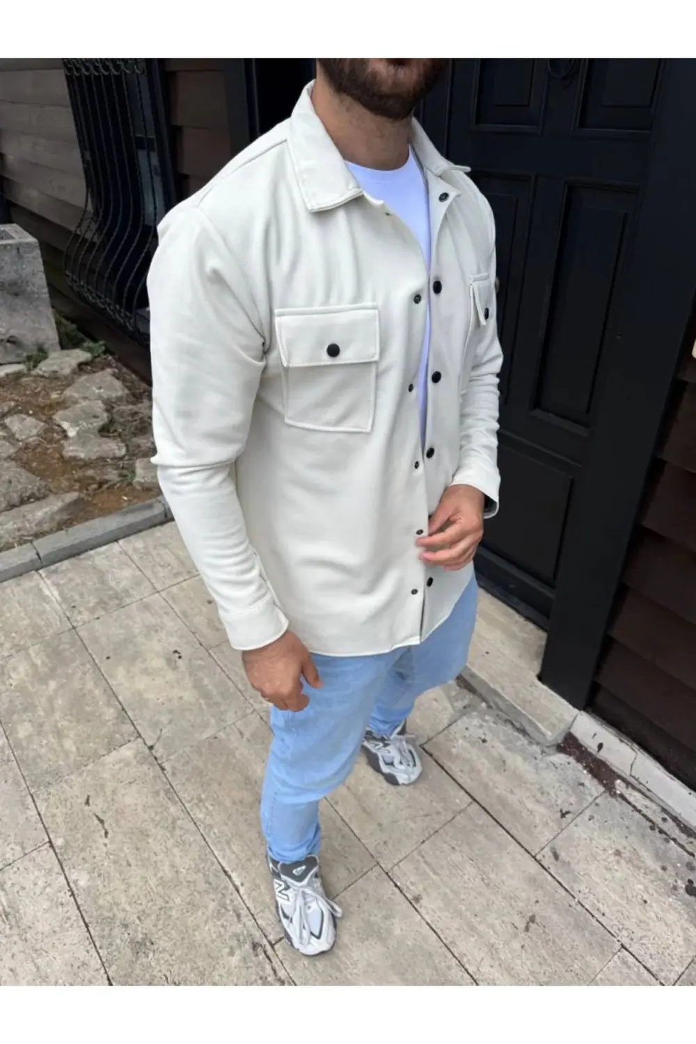 Erkek Diagonal Kumaş Cepli Çıtçıtlı Uzun Kollu, Gömlek Oversize R