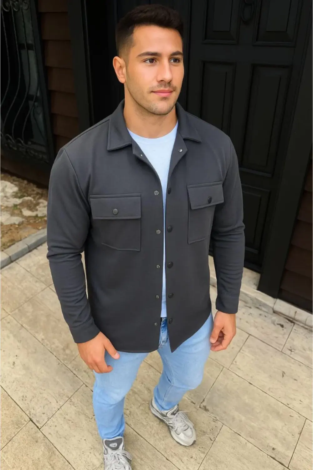 Erkek Diagonal Kumaş Cepli Çıtçıtlı Uzun Kollu, Gömlek Oversize R