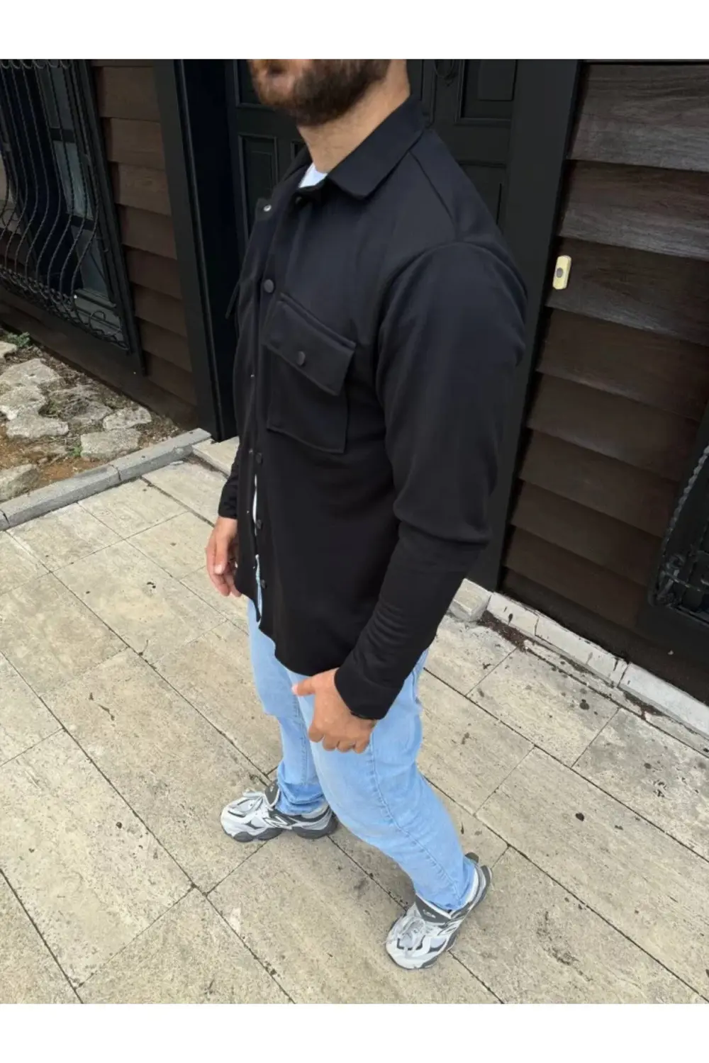 Erkek Diagonal Kumaş Cepli Çıtçıtlı Uzun Kollu, Gömlek Oversize R