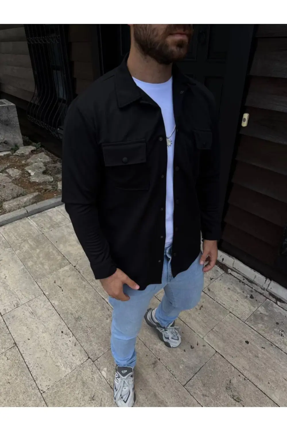 Erkek Diagonal Kumaş Cepli Çıtçıtlı Uzun Kollu, Gömlek Oversize R