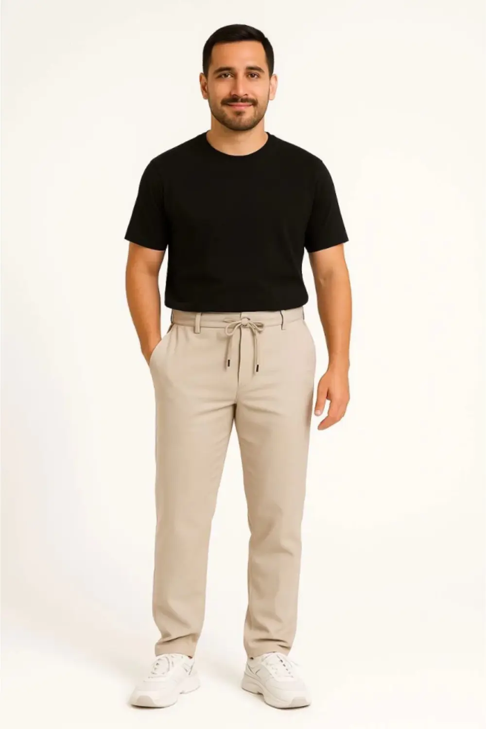 Erkek Diagonel Mikro Dokulu Cepli Pantolon - Bej