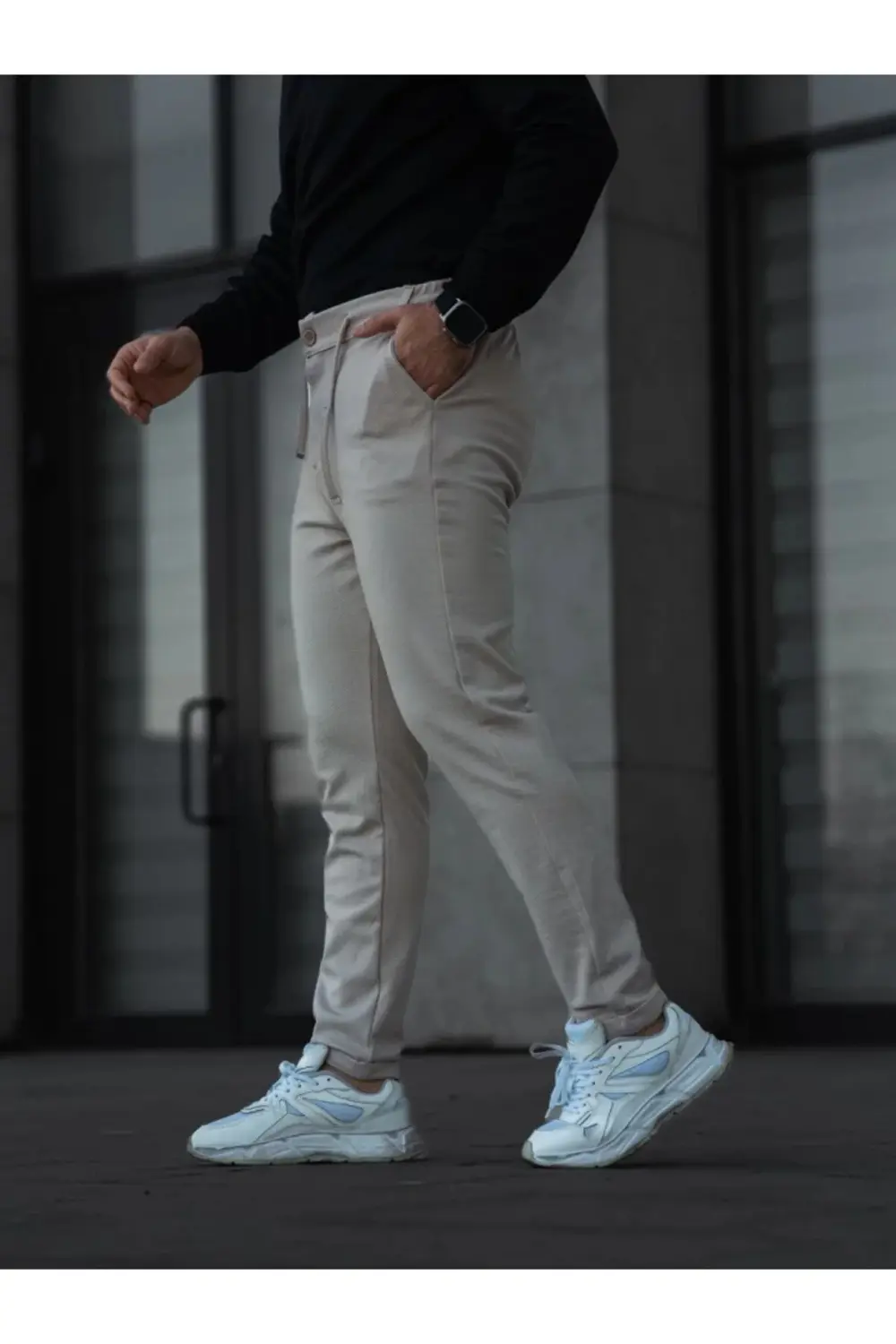 Erkek Diagonel Mikro Dokulu Cepli Pantolon - Bej