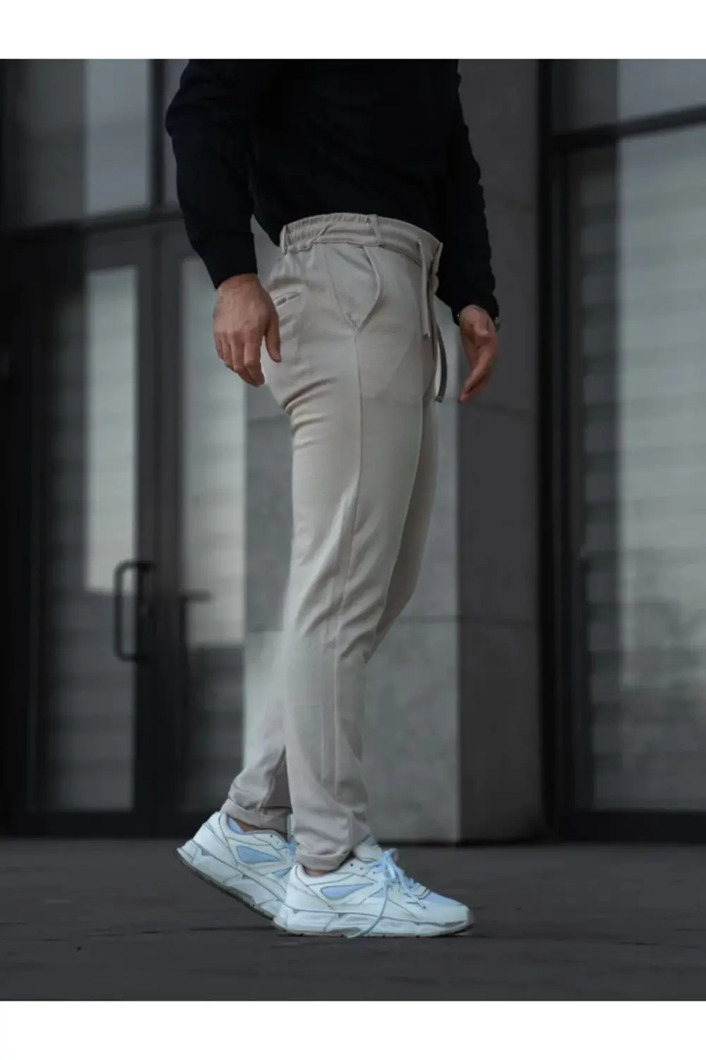 Erkek Diagonel Mikro Dokulu Cepli Pantolon - Bej