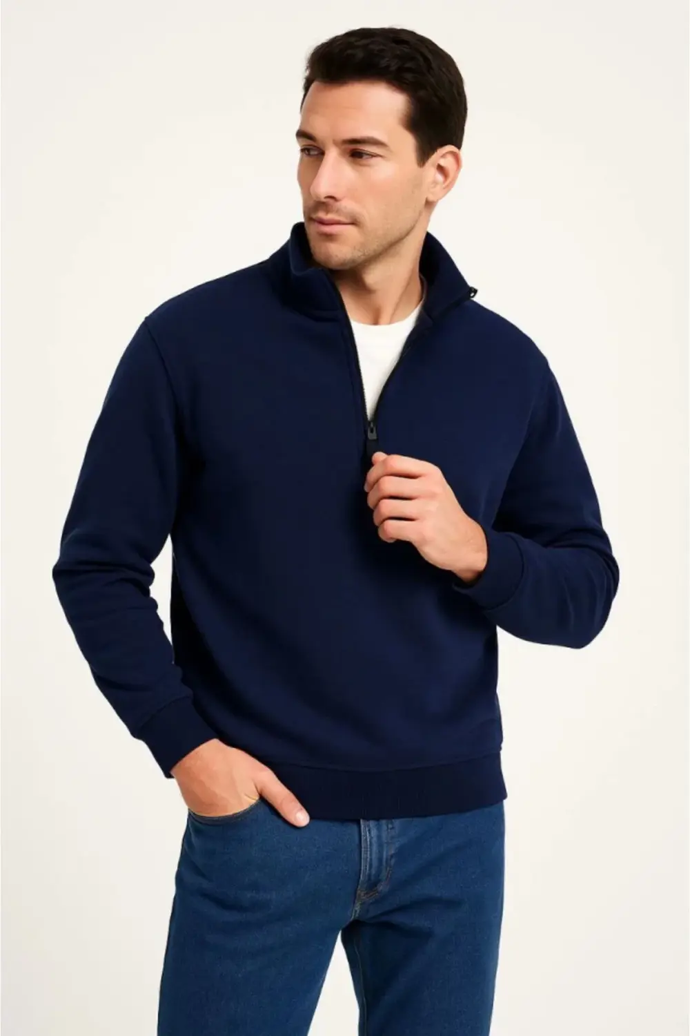 Erkek Dik Yaka Sweatshirt Dik Yaka Yarım Fermuarlı 3 İplik Şardon