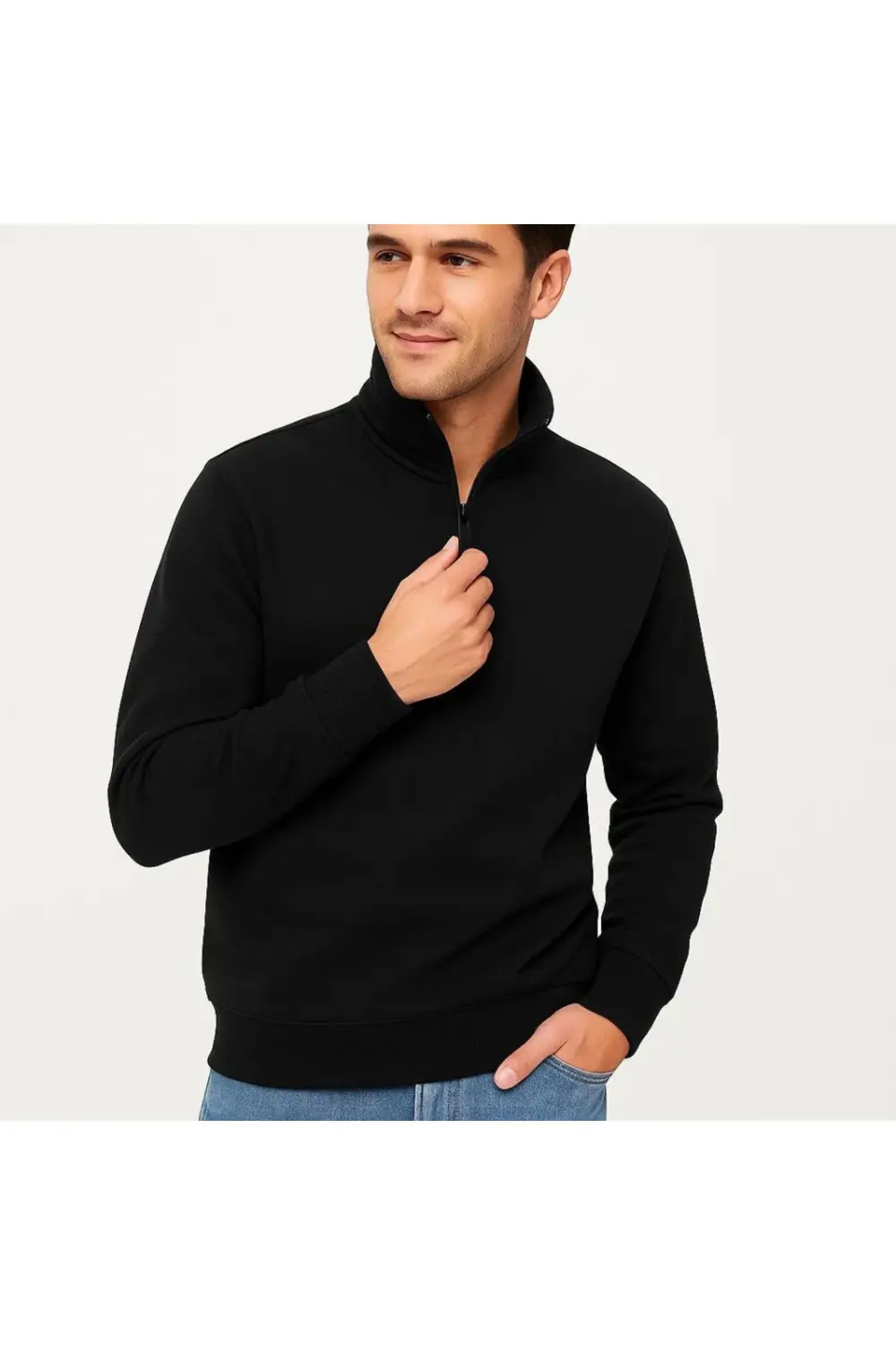 Erkek Dik Yaka Sweatshirt Dik Yaka Yarım Fermuarlı 3 İplik Şardon