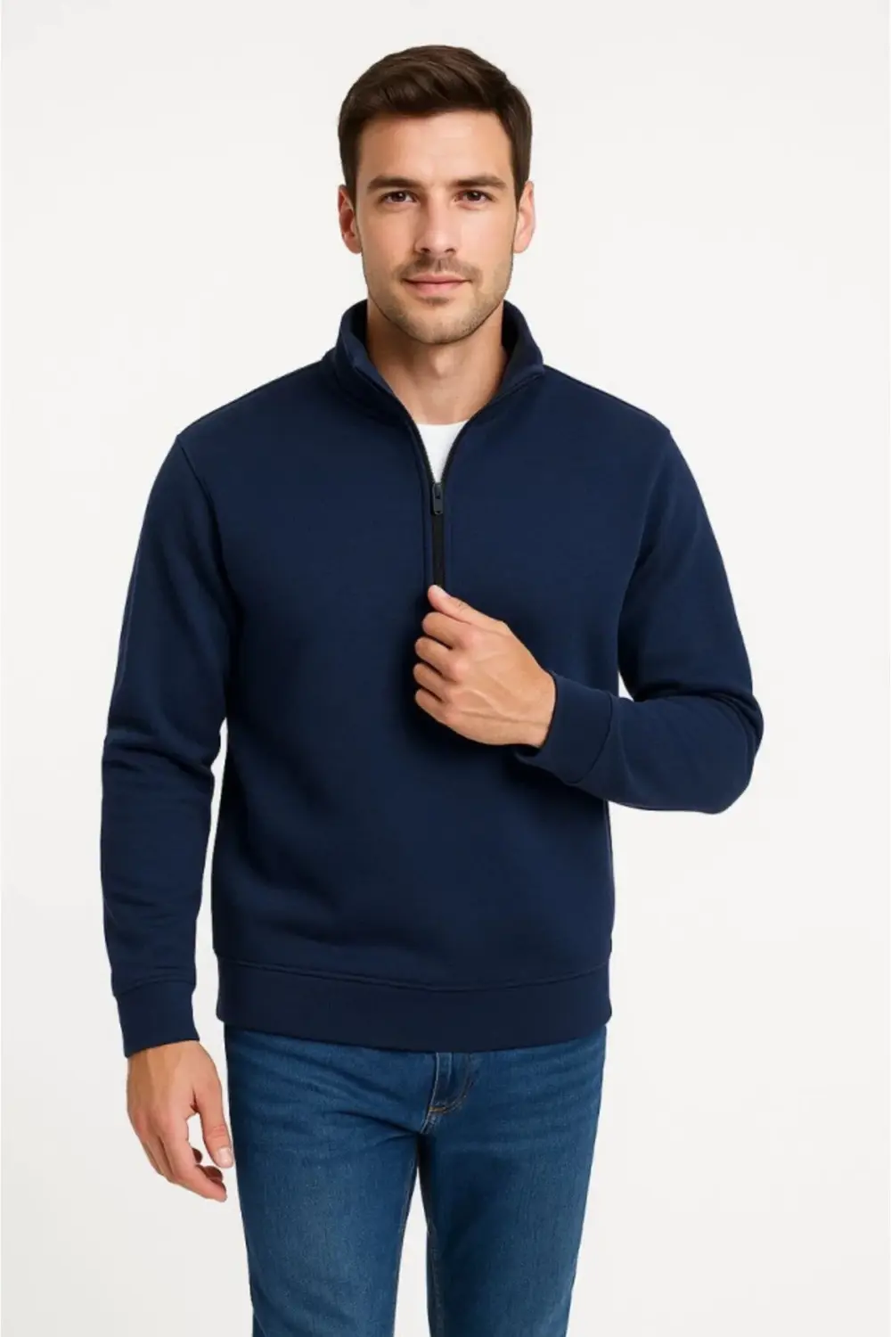 Erkek Dik Yaka Sweatshirt Dik Yaka Yarım Fermuarlı 3 İplik Şardon