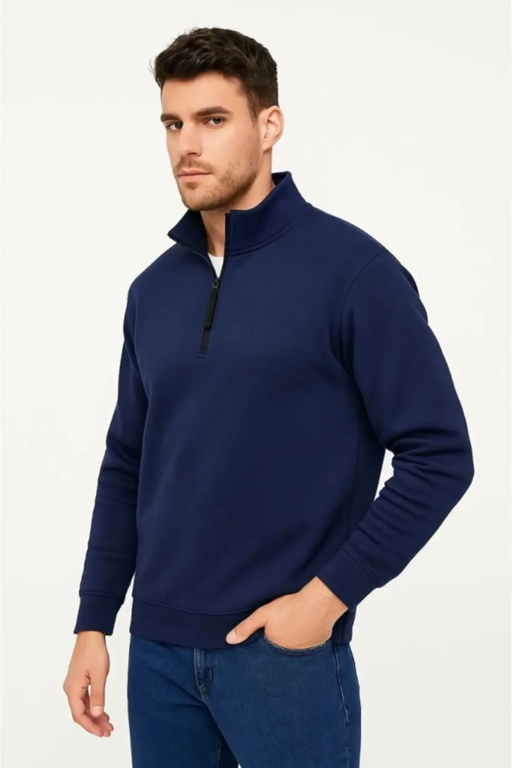 Erkek Dik Yaka Sweatshirt Dik Yaka Yarım Fermuarlı 3 İplik Şardon