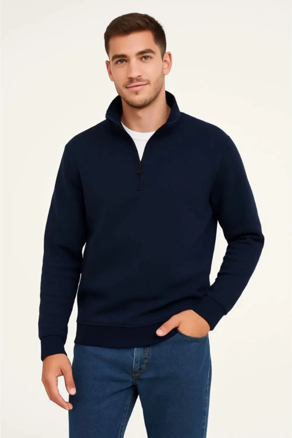 Erkek Dik Yaka Sweatshirt Dik Yaka Yarım Fermuarlı 3 İplik Şardon