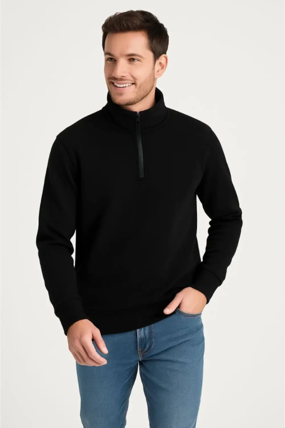 Erkek Dik Yaka Sweatshirt Dik Yaka Yarım Fermuarlı 3 İplik Şardon