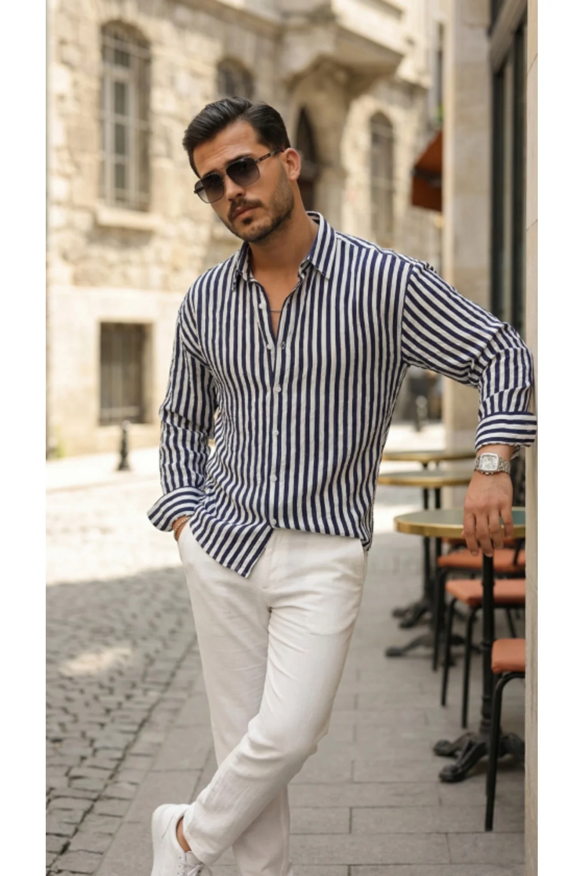 Erkek Dikey Çizgili Yarım Oversize Gömlek