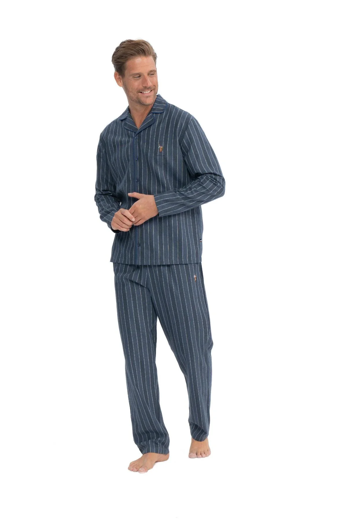 Erkek Dokuma Pijama Takım, Boydan Düğmeli Uzunkol Çizgili Pijama 