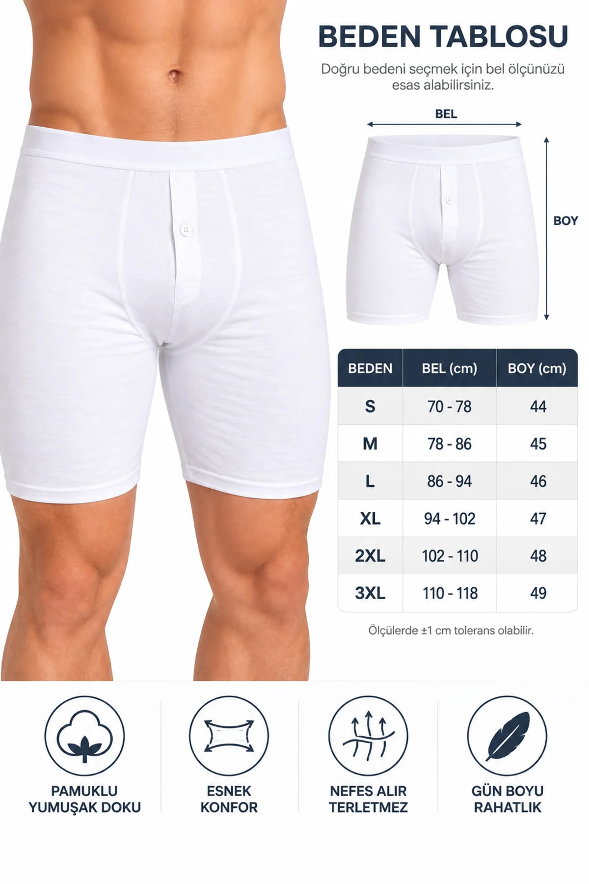 Erkek Düğmeli Uzun Paça Boxer 3’lü Paket %95 Pamuk %5 Elastan Likralı Esnek Beyaz S-M-L Erkek Düğmeli Uzun Paça Boxer 3’lü Paket %95 Pamuk %5 Elastan Likralı Esnek Beyaz S-M-L