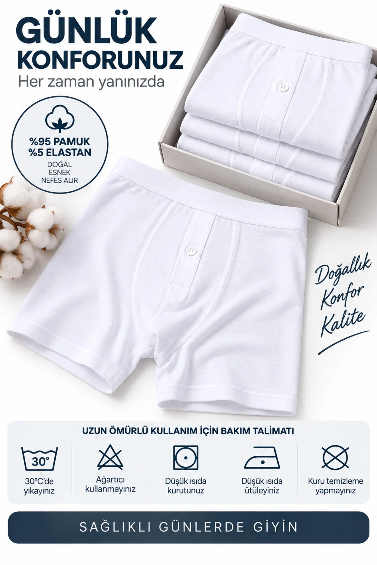 Erkek Düğmeli Uzun Paça Boxer 3’lü Paket %95 Pamuk %5 Elastan Likralı Esnek Beyaz S-M-L Erkek Düğmeli Uzun Paça Boxer 3’lü Paket %95 Pamuk %5 Elastan Likralı Esnek Beyaz S-M-L