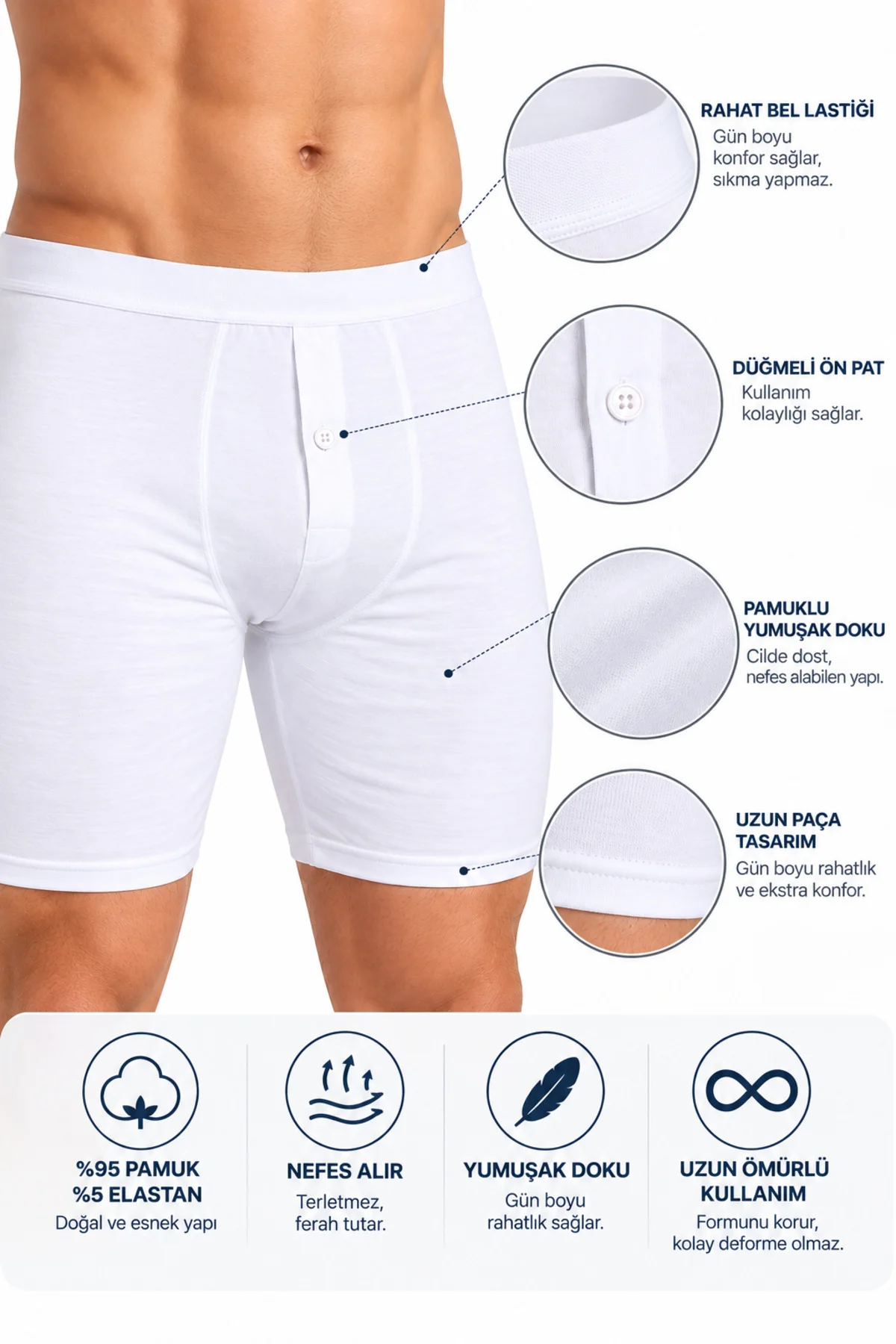 Erkek Düğmeli Uzun Paça Boxer 2’li Paket %95 Pamuk %5 Elastan Likralı Esnek Beyaz S-M-L Erkek Düğmeli Uzun Paça Boxer 2’li Paket %95 Pamuk %5 Elastan Likralı Esnek Beyaz S-M-L