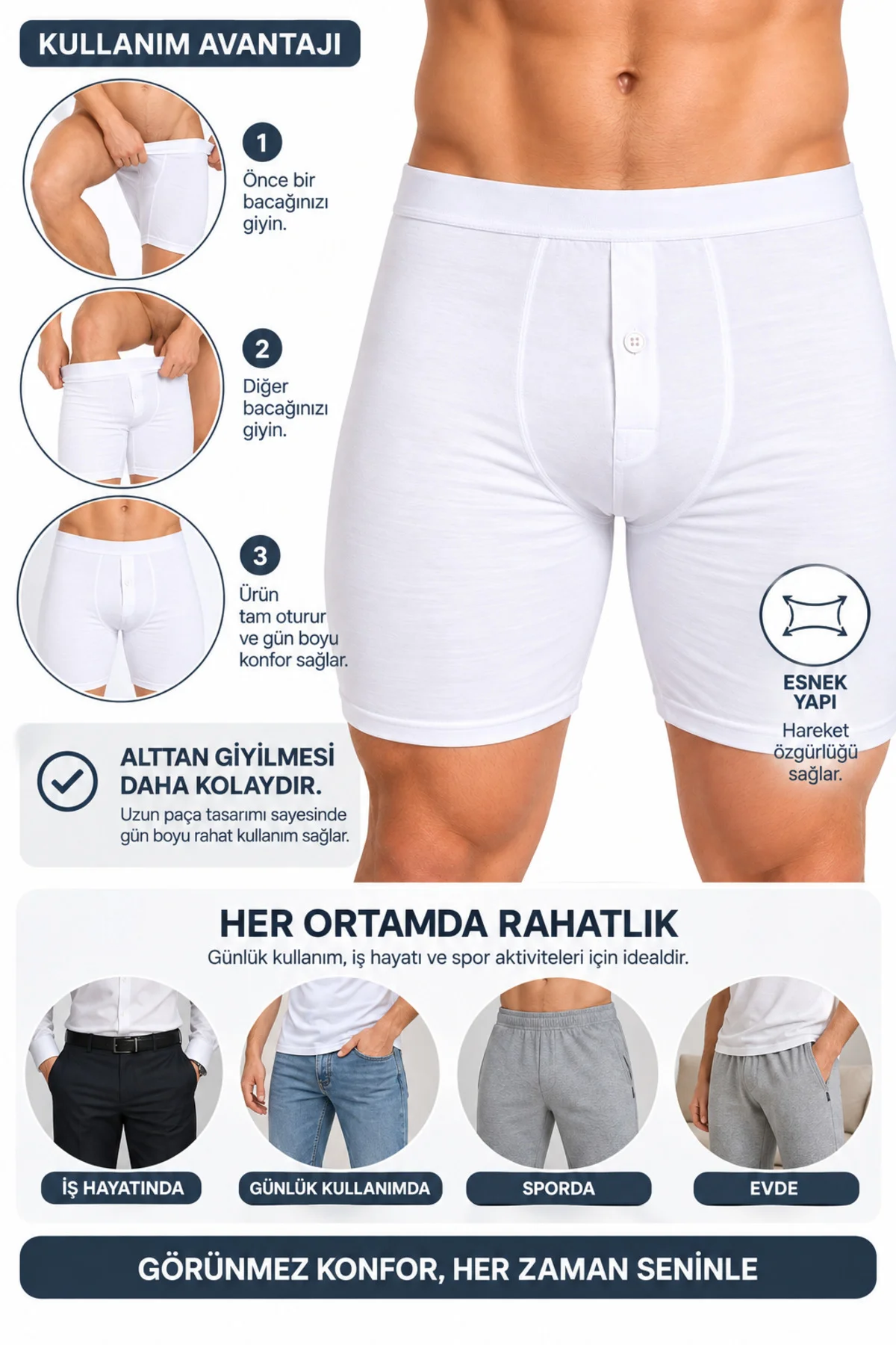 Erkek Düğmeli Uzun Paça Boxer 3’lü Paket %95 Pamuk %5 Elastan Likralı Esnek Beyaz S-M-L Erkek Düğmeli Uzun Paça Boxer 3’lü Paket %95 Pamuk %5 Elastan Likralı Esnek Beyaz S-M-L