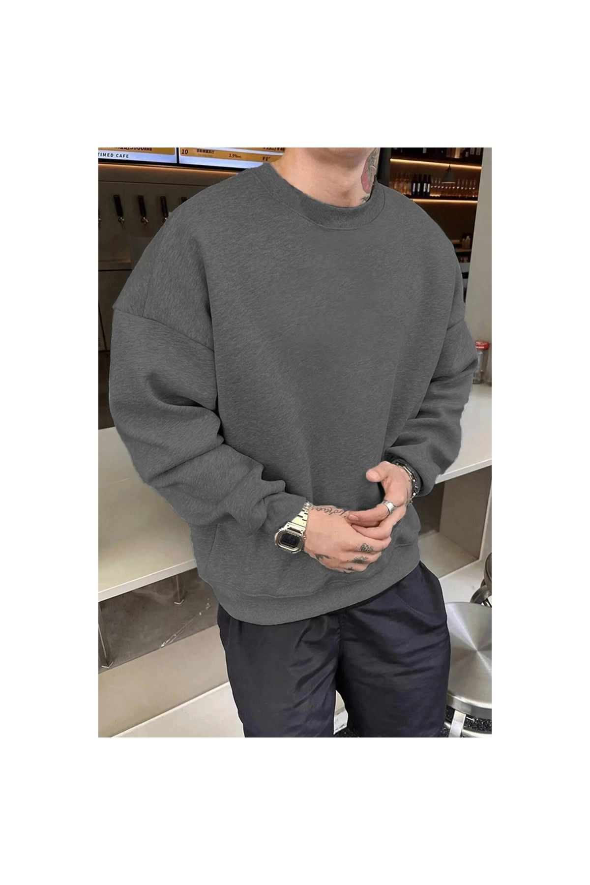 Erkek Düz Bisiklet Yaka Sweat - Füme