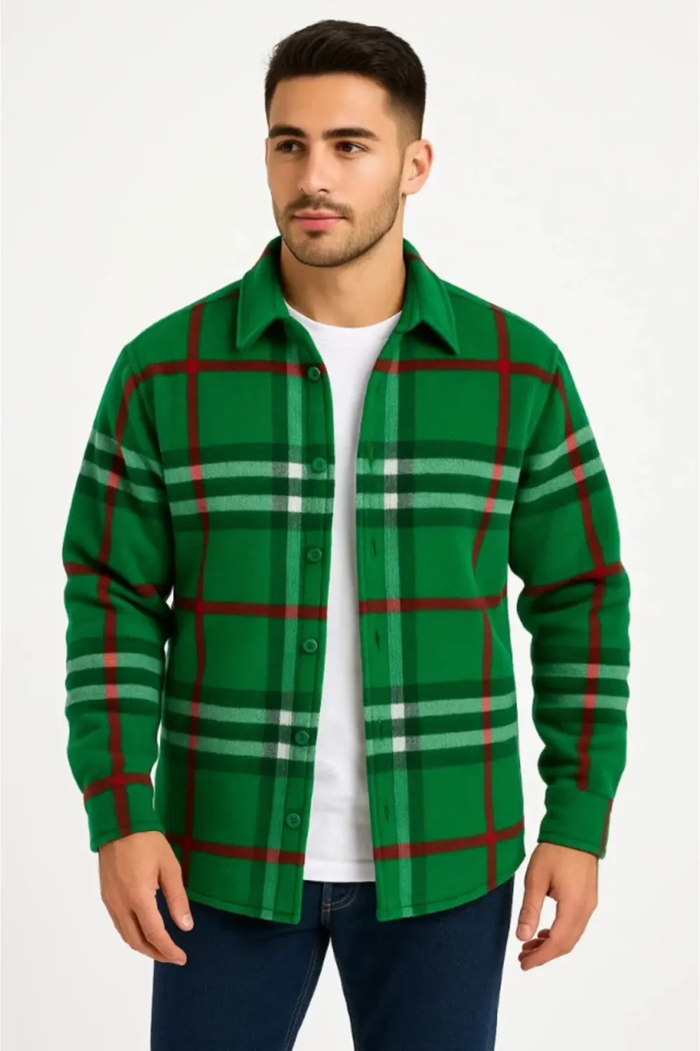 Erkek Ekose Desenli Düğmeli Polar Yakalı Uzun Kollu Gömlek Oversi
