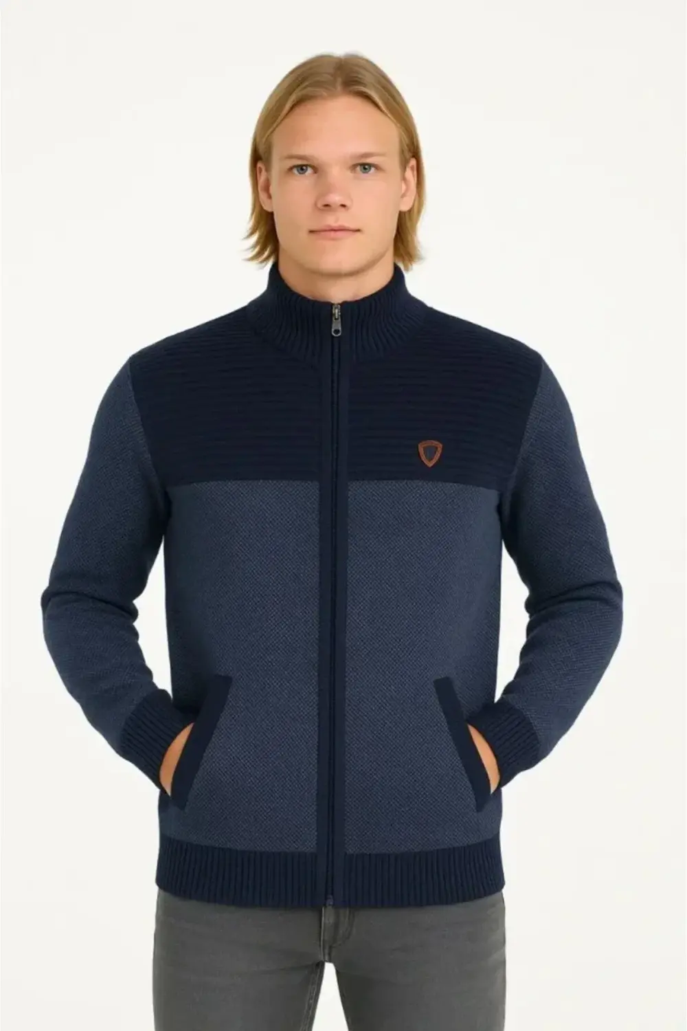 Erkek Fermuarlı Triko Hırka Yüksek Yaka, Cepli, Günlük Şık Rahat