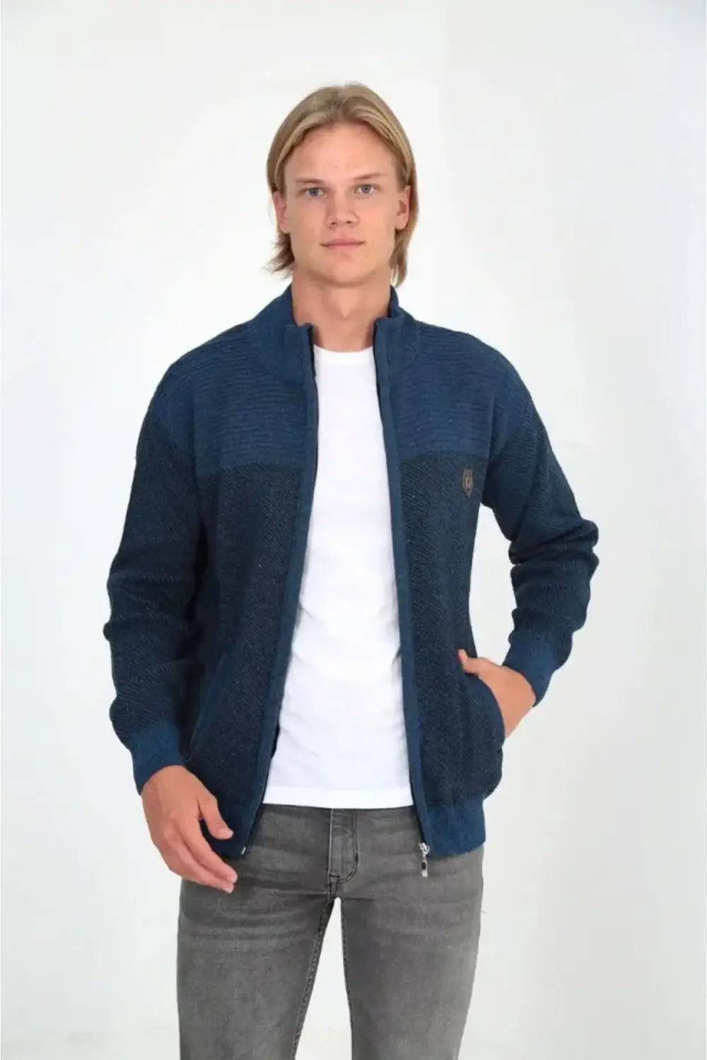 Erkek Fermuarlı Triko Hırka Yüksek Yaka, Cepli, Günlük Şık Rahat