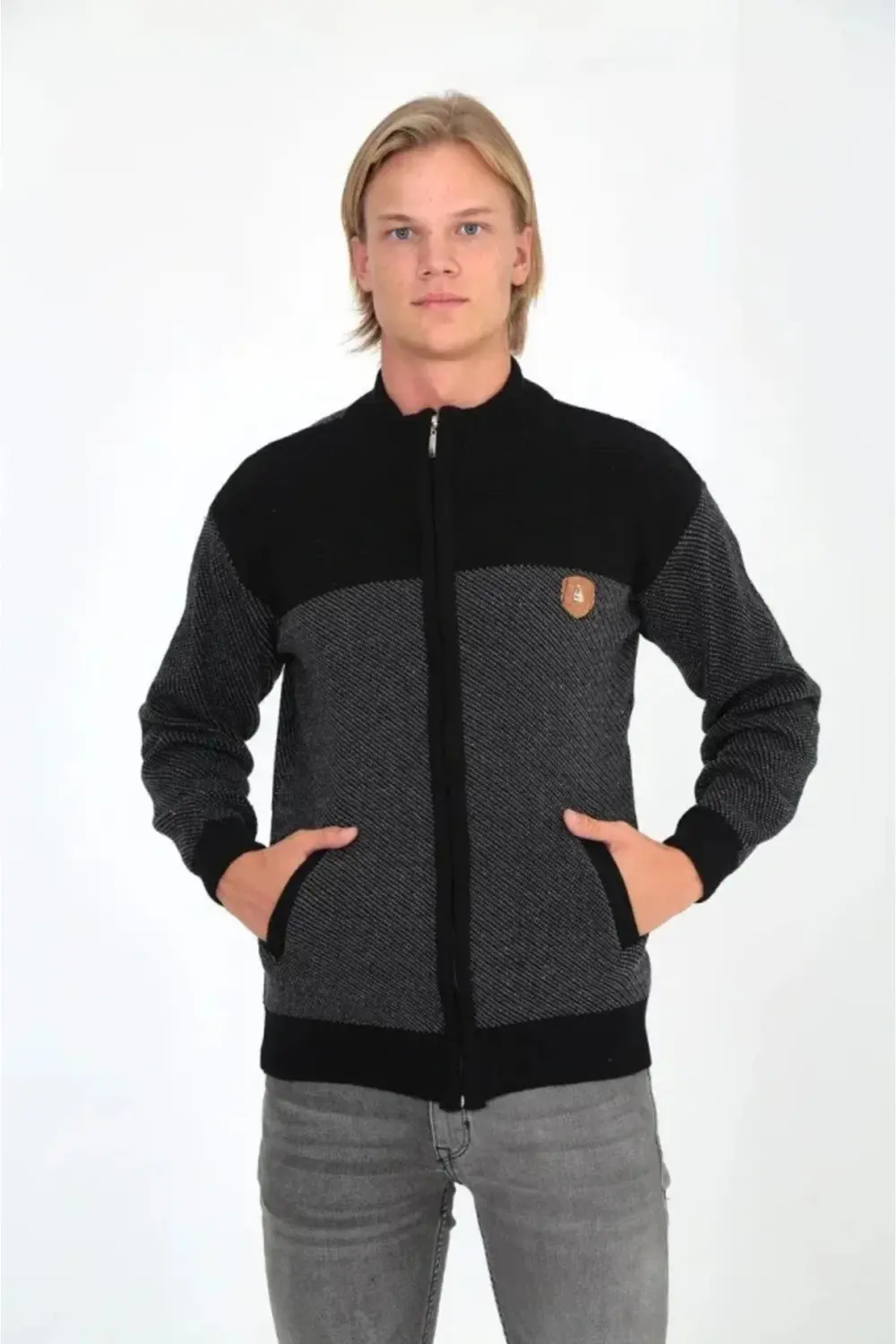 Erkek Fermuarlı Triko Hırka Yüksek Yaka, Cepli, Günlük Şık Rahat