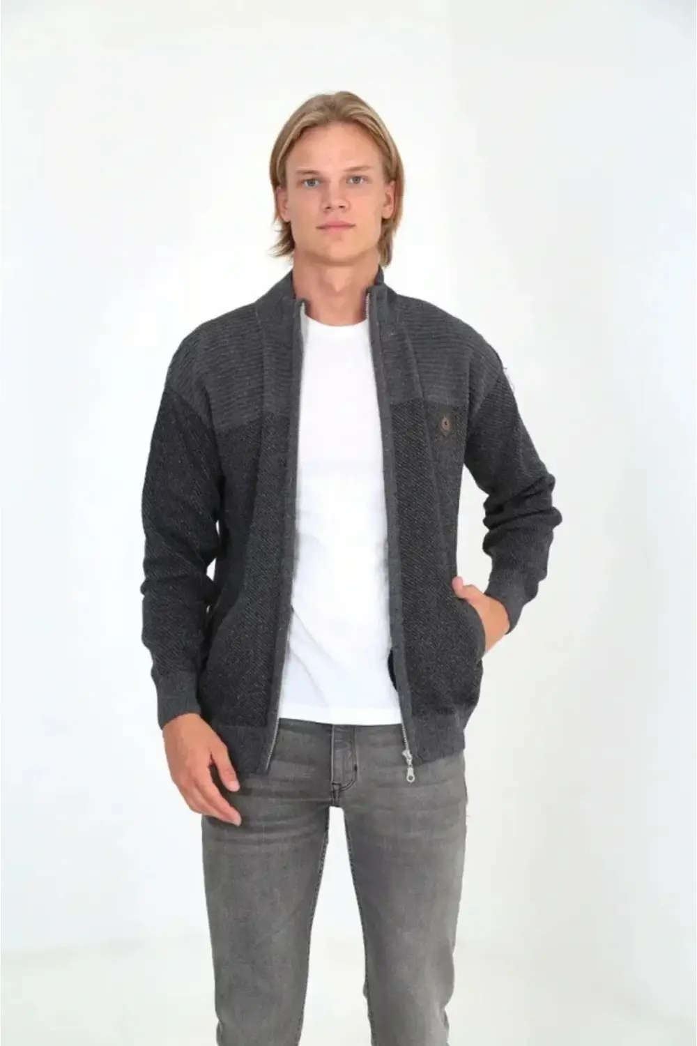 Erkek Fermuarlı Triko Hırka Yüksek Yaka, Cepli, Günlük Şık Rahat