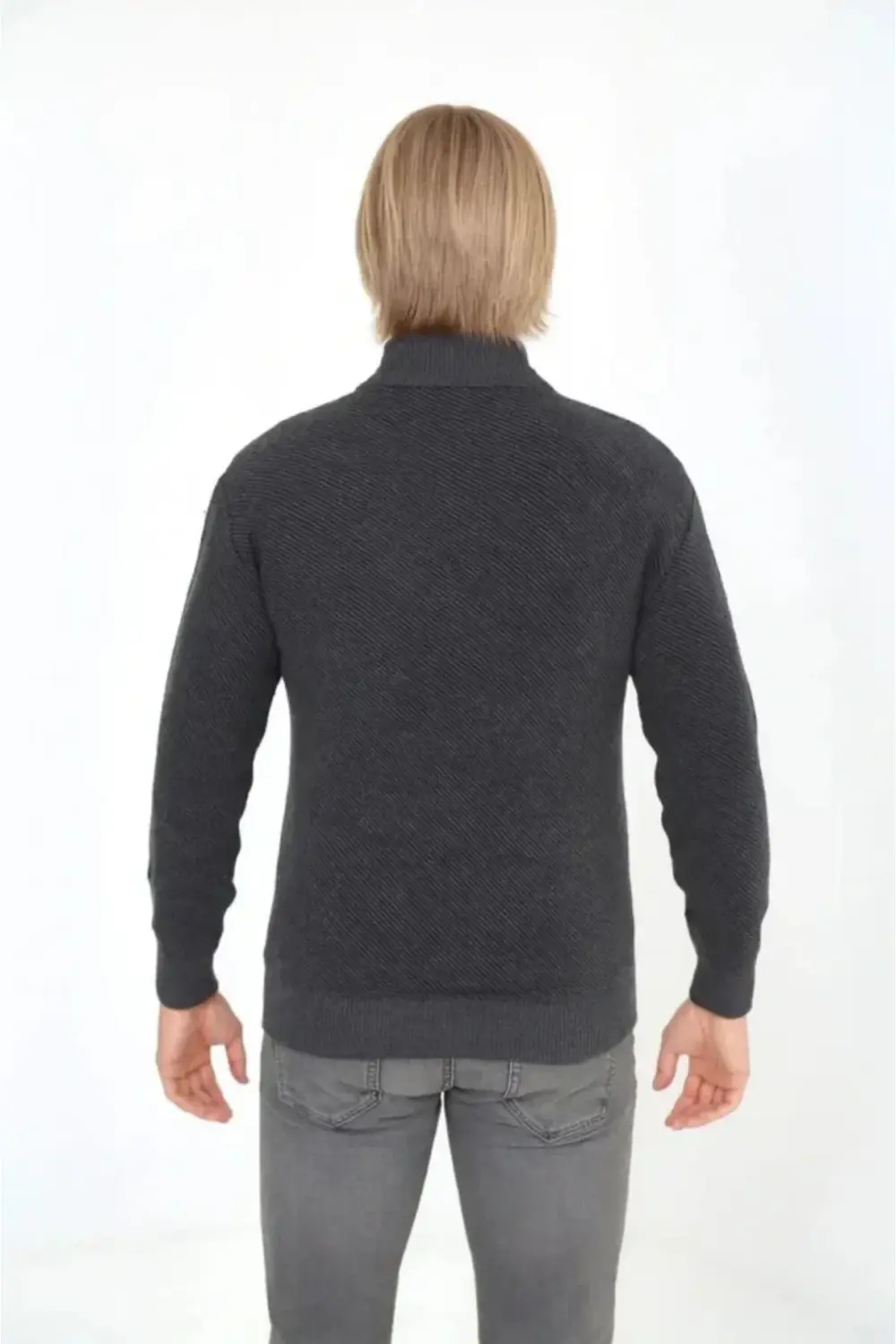 Erkek Fermuarlı Triko Hırka Yüksek Yaka, Cepli, Günlük Şık Rahat