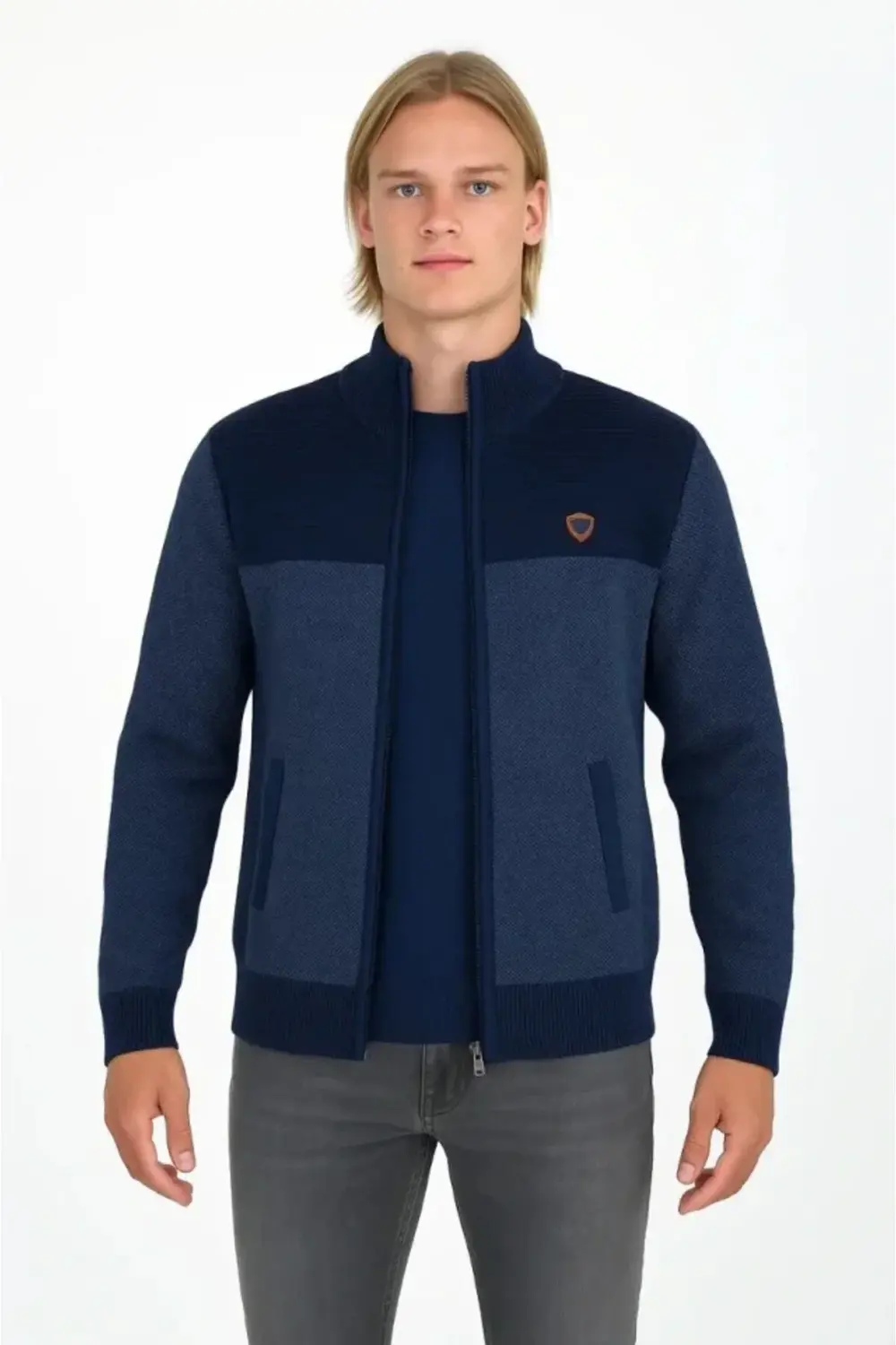 Erkek Fermuarlı Triko Hırka Yüksek Yaka, Cepli, Günlük Şık Rahat